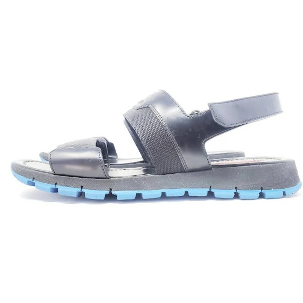 Prada LOGO Sandals Platform Black Leather Blue Rubber Sole Dad Sandals EU‎ 39